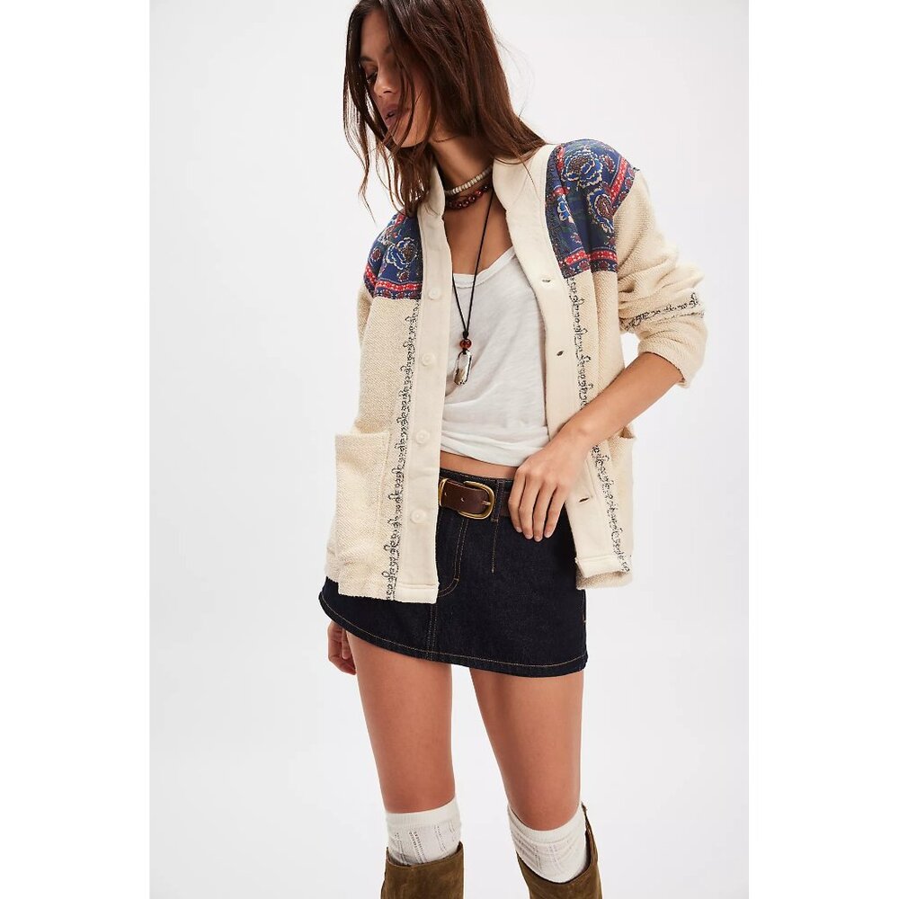 Free People Tony Long Sleeve Cardi Top Embroidered Knit Buttondown L NEW 284291